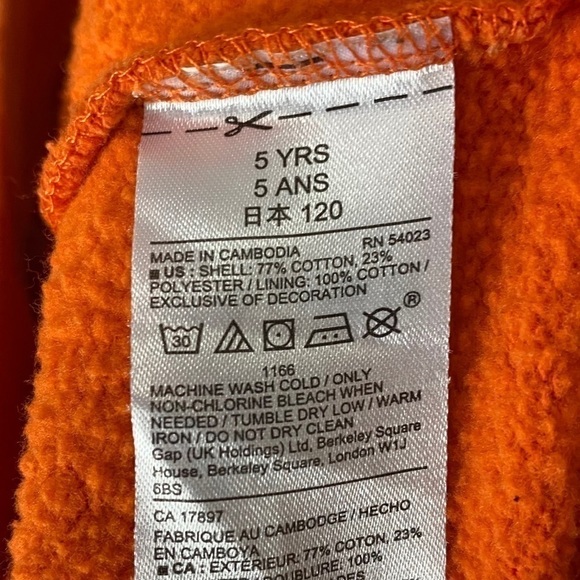 Gap Hooded Sweatshirt Sz 5 Kids Orange Boy - Picture 4 of 5